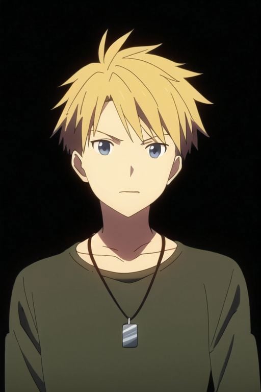 Yamato Ishida, masterpiece, best quality, (1boy), solo, male focus, photography, High definition, Blonde hair, 4K, shirt, dark grey background, passport_photo_style, Necklace