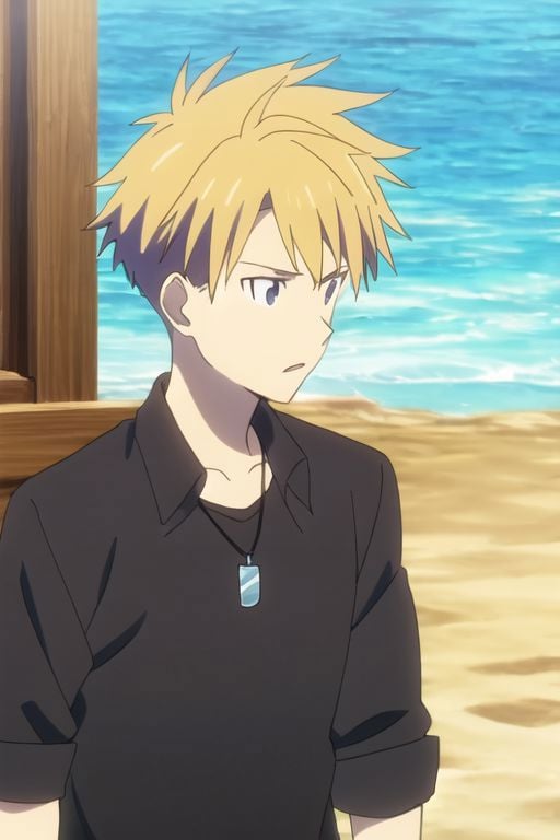 Yamato Ishida, masterpiece, best quality, (1boy), solo, male focus, High definition, Blonde hair, 4K, open shirt, vacation beach, Necklace