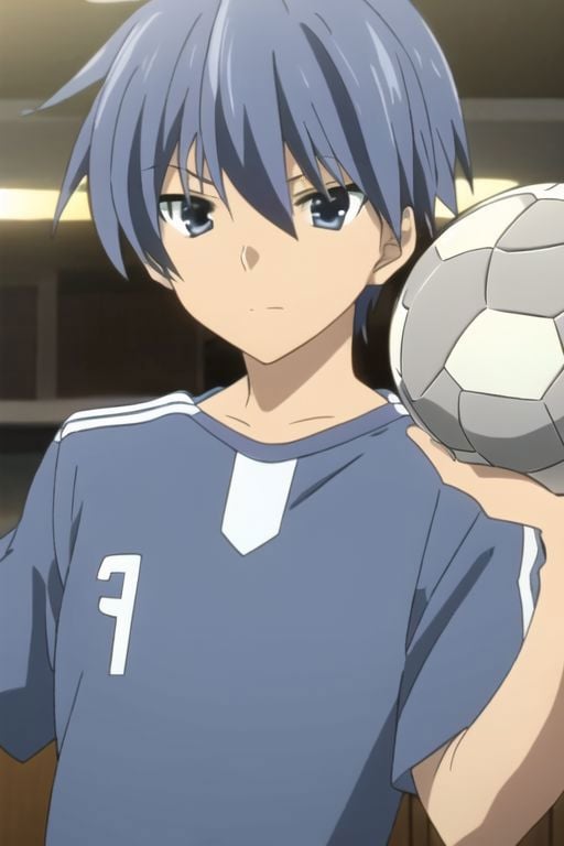 Tomoya Okazaki, masterpiece, best quality, (1boy), solo, male focus, High definition, grey blue hair, 4K, soccer player