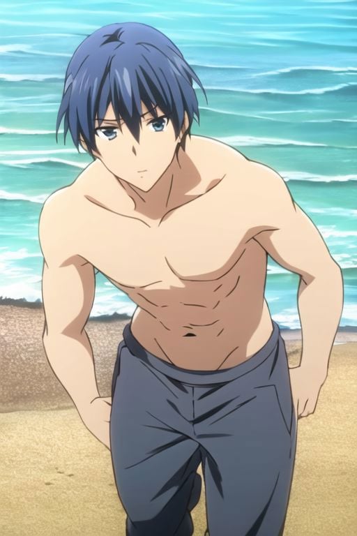 Tomoya Okazaki, masterpiece, best quality, (1boy), solo, male focus, High definition, grey blue hair, 4K, shirtless, swim on the beach