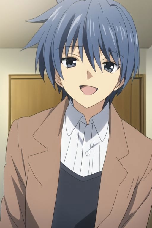 Tomoya Okazaki, masterpiece, best quality, (1boy), solo, male focus, High definition, grey blue hair, 4K, laughing