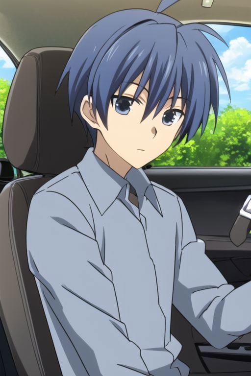 Tomoya Okazaki, masterpiece, best quality, 1boy, solo, male focus, High definition, grey blue hair, 4K, driving a car