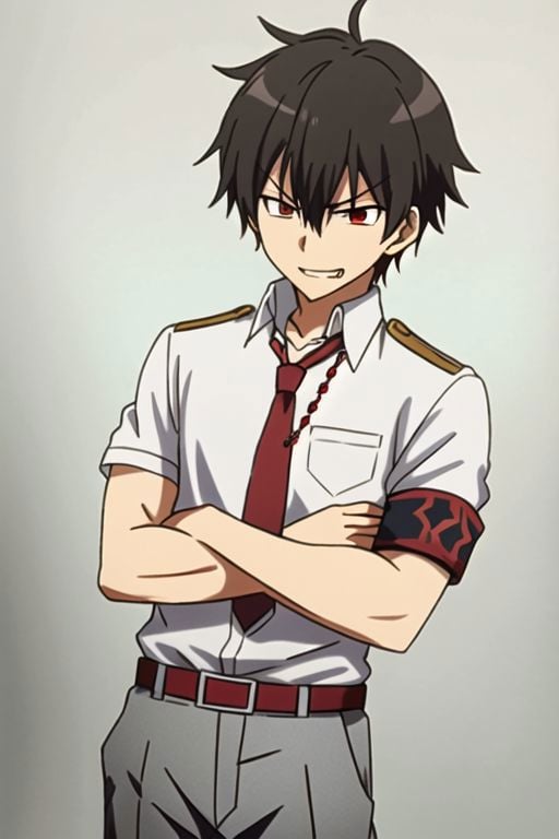 best quality, 1boy, solo, male focus, seiya kanie, necklace, white dress shirt, a red tie, gray pants, and a red armband on it around his left arm, angry, smile, black hair, EasyNegativeV2, same eye