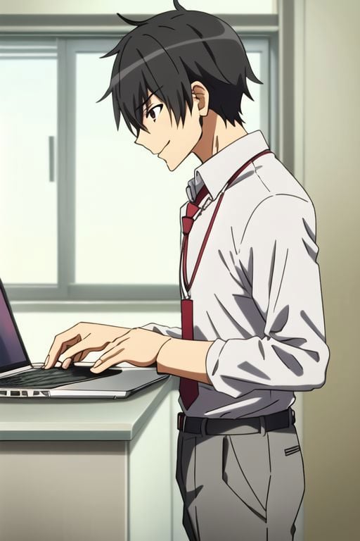 4k, best quality, 1boy, solo, male focus, seiya kanie, necklace, white dress shirt, a red tie, gray pants, angry, smile, black hair, EasyNegativeV2, same eye, candid photography, narcissistic, photo profile, working on laptop