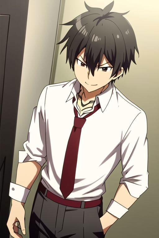 best quality, 1boy, solo, male focus, seiya kanie, necklace, white dress shirt, a red tie, gray pants, angry, smile, black hair, EasyNegativeV2, same eye, candid photography, narcissistic