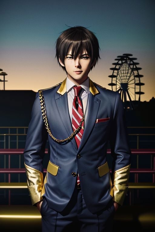 (4k), high resolution, professional photography, best quality, ((1boy)), solo, male focus, seiya kanie, necklace, white dress shirt under a dark blue jacket with golden accents, gold aiguillettes worn on the right shoulder, a red tie, gray pants, and a red armband on it around his left arm, angry, smile, black hair, EasyNegativeV2, same eye, roller coaster park