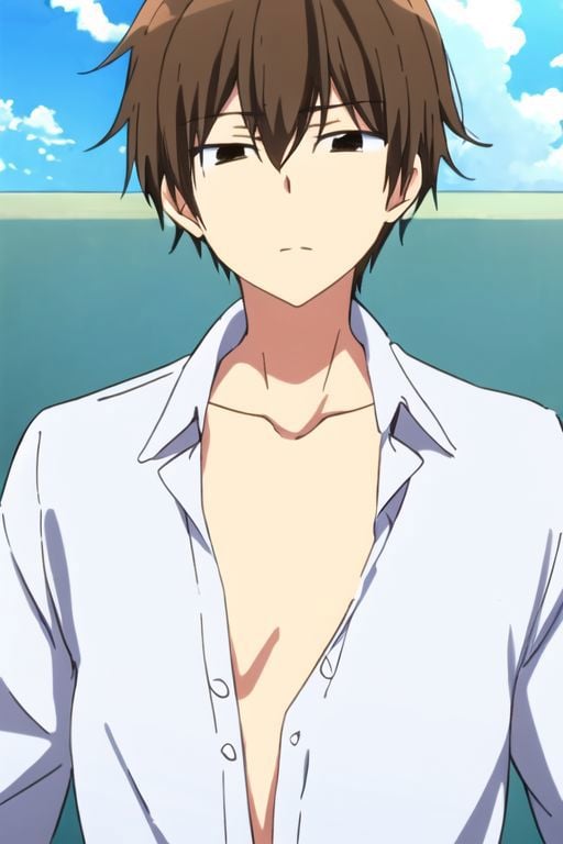 Seiya Kanie, masterpiece, best quality, (1boy), solo, male focus, High definition, Dark Brown hair, 4K, open shirt, vacation beach