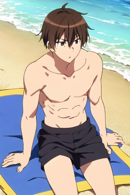 Seiya Kanie, masterpiece, best quality, (1boy), solo, male focus, High definition, Dark Brown hair, 4K, shirtless, swim on the beach