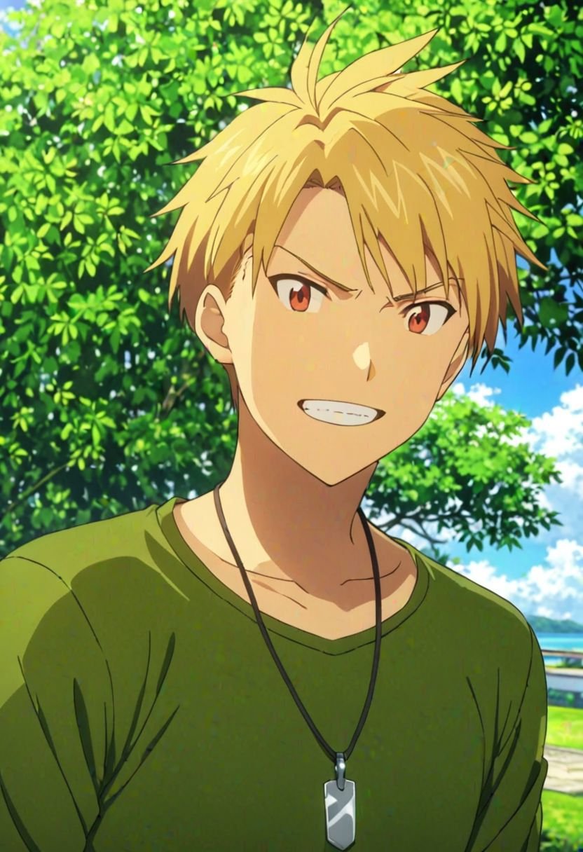 Yamato Ishida, masterpiece, best quality, (1boy), solo, male focus, High definition, Blonde hair, 4K, Angry, Smile, outdoors, Necklace