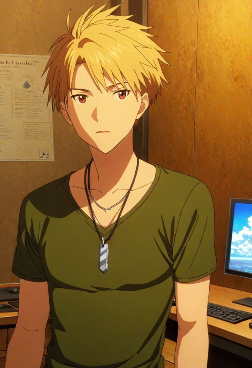 Yamato Ishida, masterpiece, best quality, (1boy), solo, male focus, High definition, Blonde hair, 4K, v-neck T-shirt, rocket engineer, Necklace