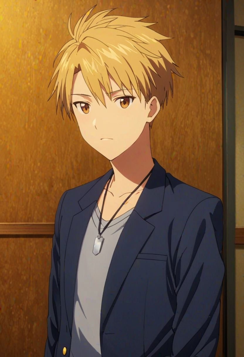 Yamato Ishida, masterpiece, best quality, 1boy, solo, male focus, High definition, Blonde hair, 4K, school, uniform school, Necklace