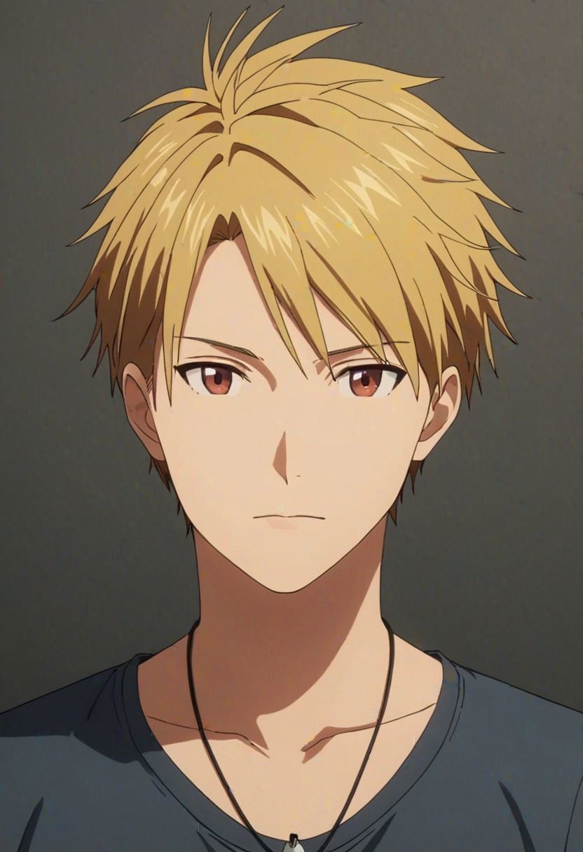 Yamato Ishida, masterpiece, best quality, (1boy), solo, male focus, photography, High definition, Blonde hair, 4K, shirt, dark grey background, passport_photo_style, Necklace