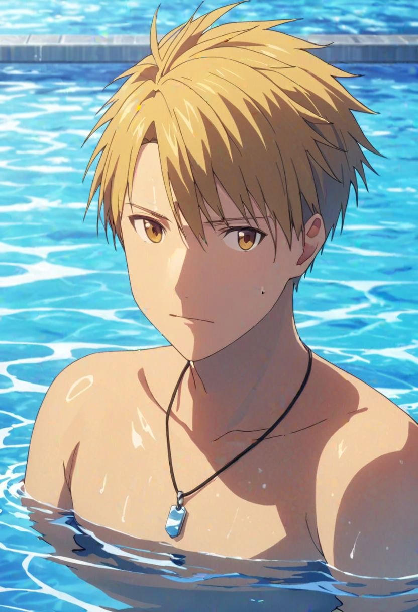 Yamato Ishida, masterpiece, best quality, (1boy), solo, male focus, High definition, Blonde hair, 4K, shirtless, swimming, Necklace