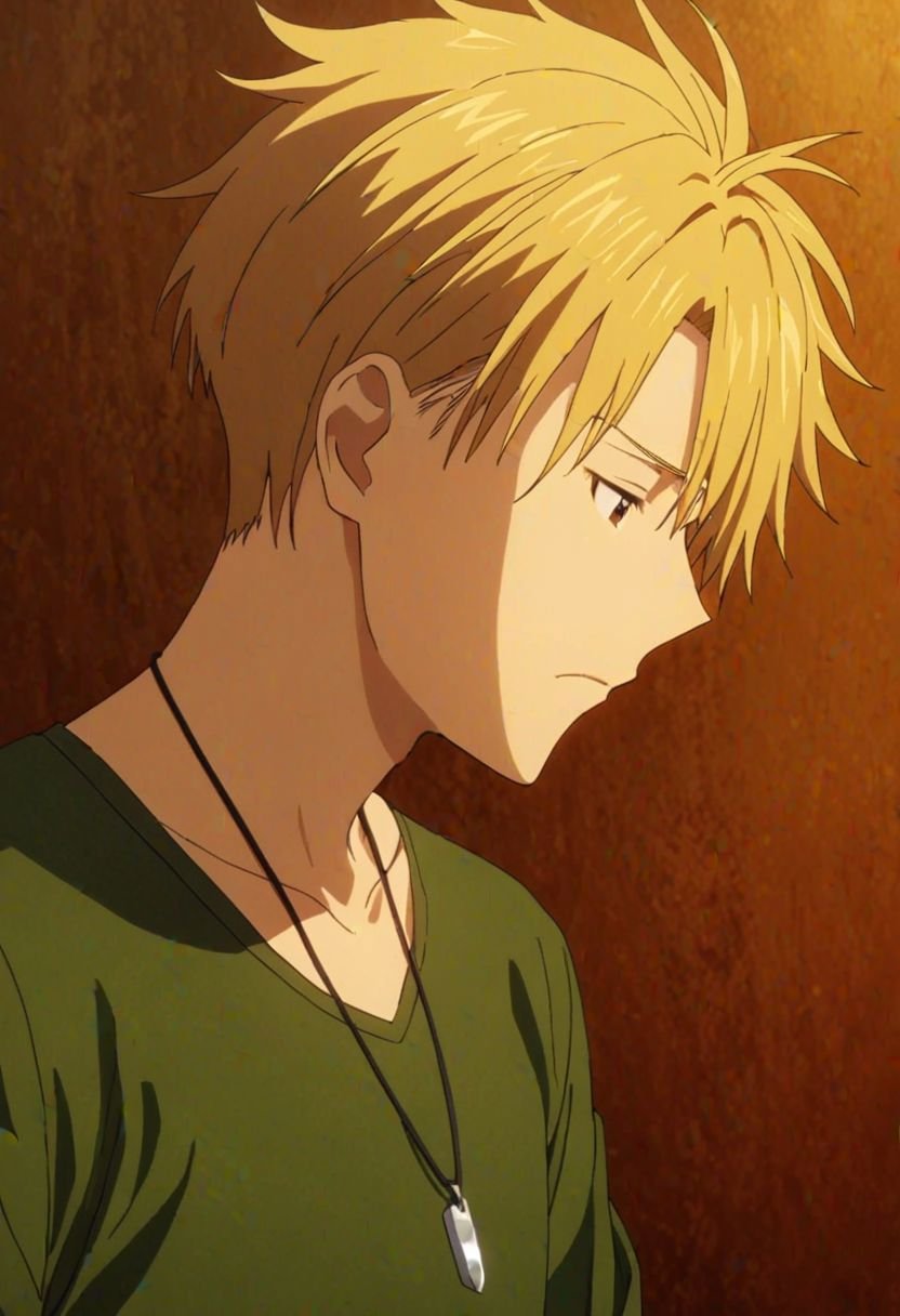 Yamato Ishida, masterpiece, best quality, (1boy), solo, male focus, High definition, Blonde hair, 4K, sad, looking down, Necklace