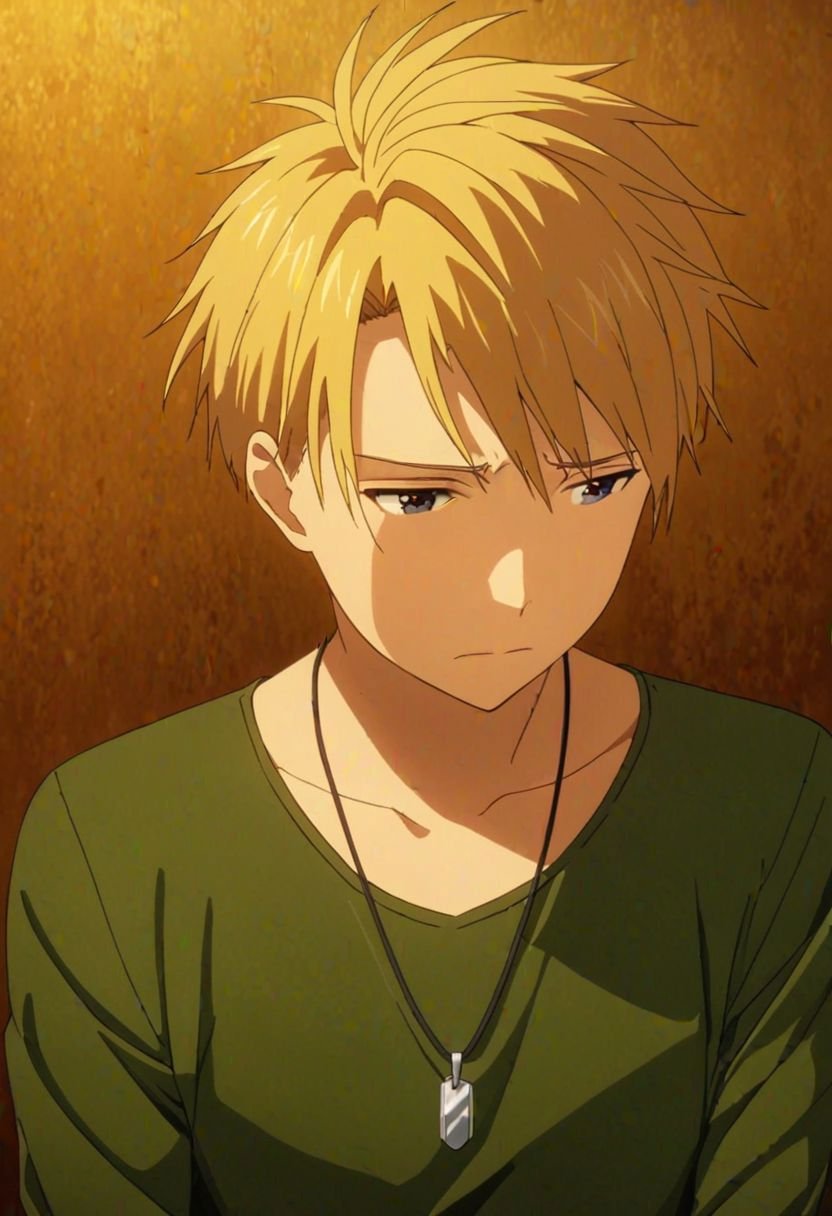 Yamato Ishida, masterpiece, best quality, (1boy), solo, male focus, High definition, Blonde hair, 4K, sad, looking down, Necklace