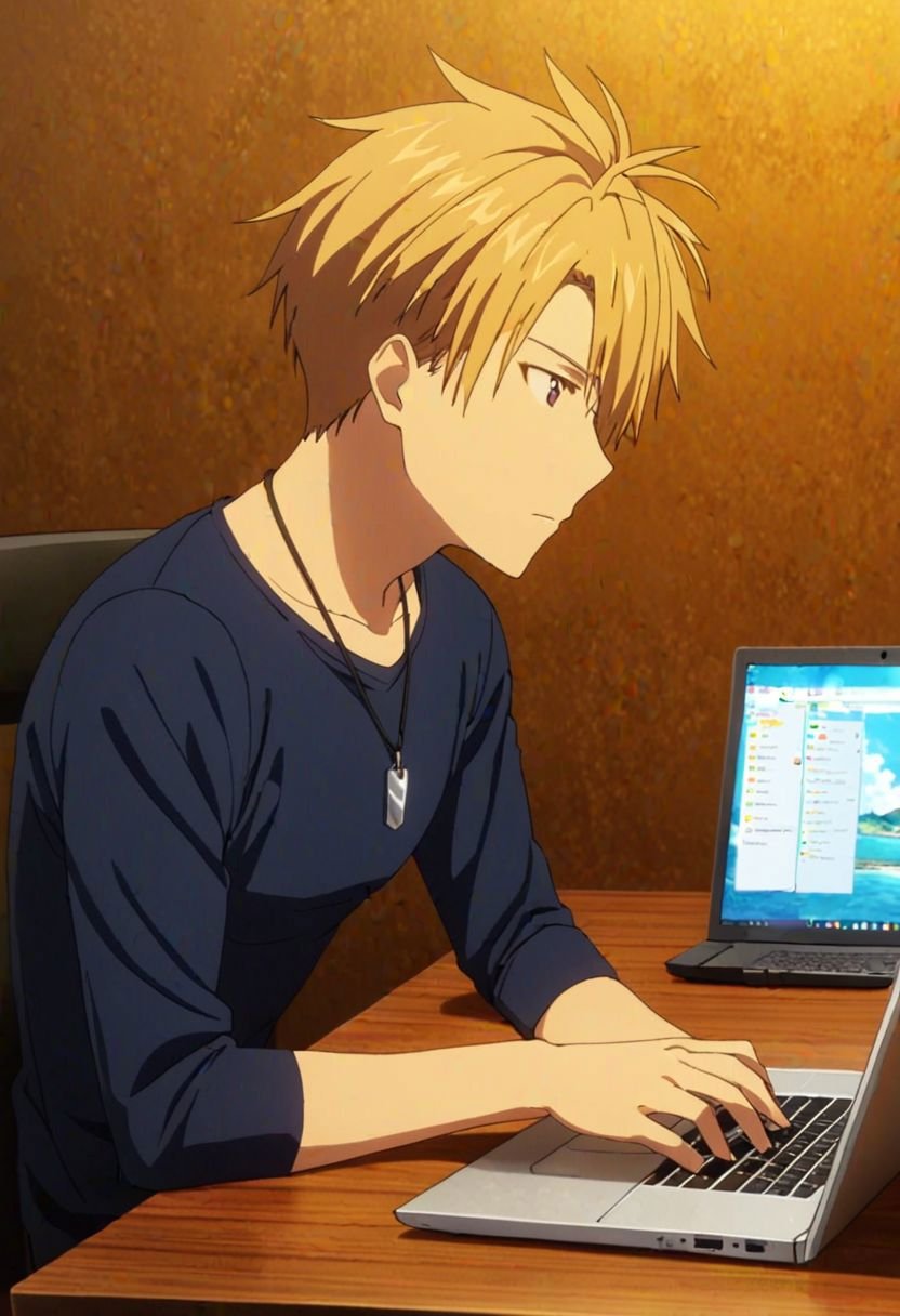 Yamato Ishida, masterpiece, best quality, 1boy, solo, male focus, High definition, Blonde hair, 4K, work front laptop, Necklace