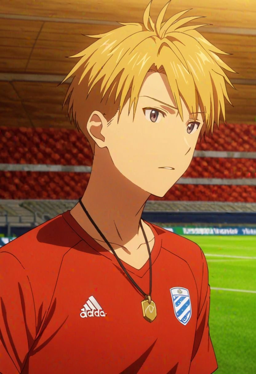 Yamato Ishida, masterpiece, best quality, (1boy), solo, male focus, High definition, Blonde hair, 4K, soccer player, Necklace