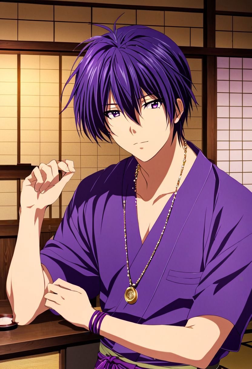 EasyNegativeV2, Tomoya Okazaki, 1boy, male, purple hair, japanase home, necklace