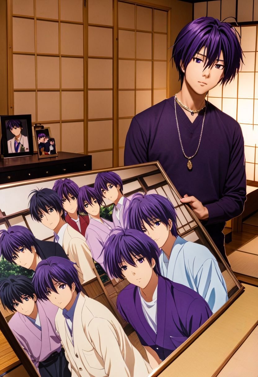 EasyNegativeV2, Tomoya Okazaki, 1boy, male, purple hair, viewing family photo, japanase home, necklace