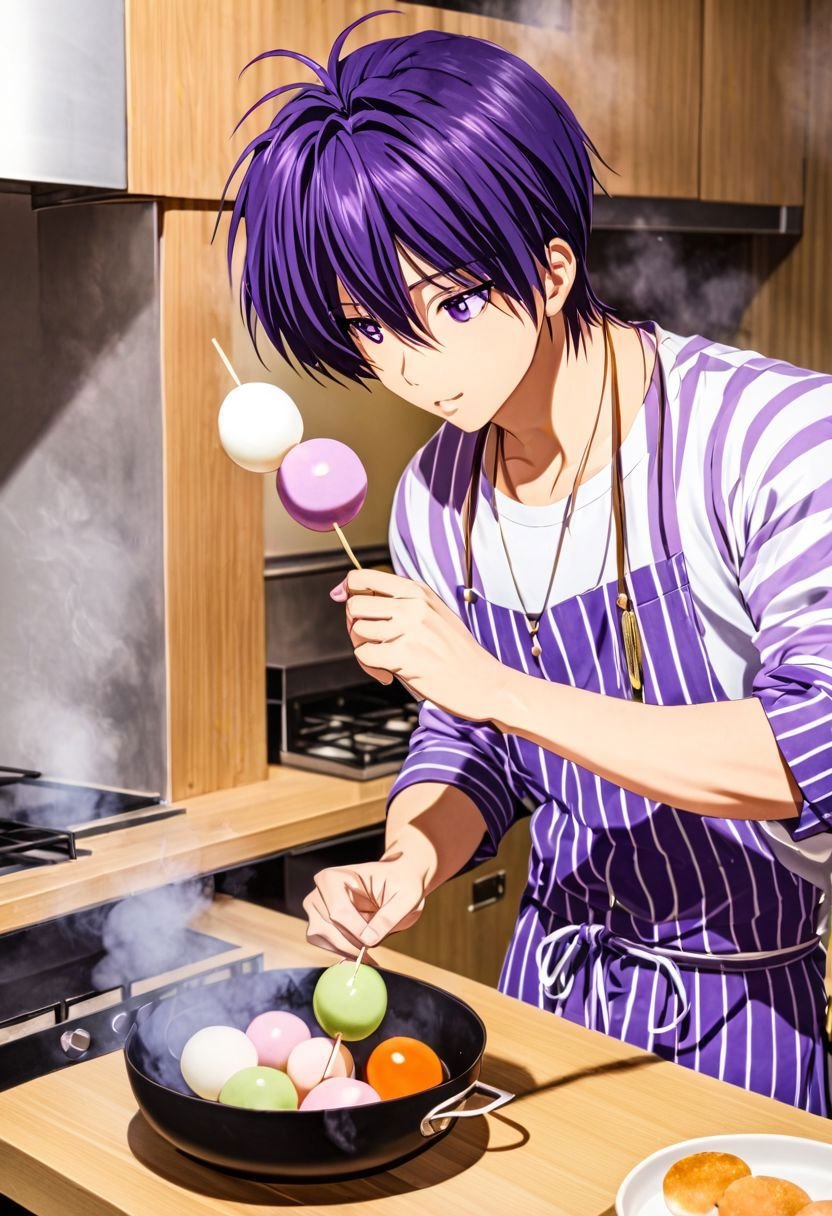 EasyNegativeV2, Tomoya Okazaki, 1boy, male, purple hair, cooking dango, necklace