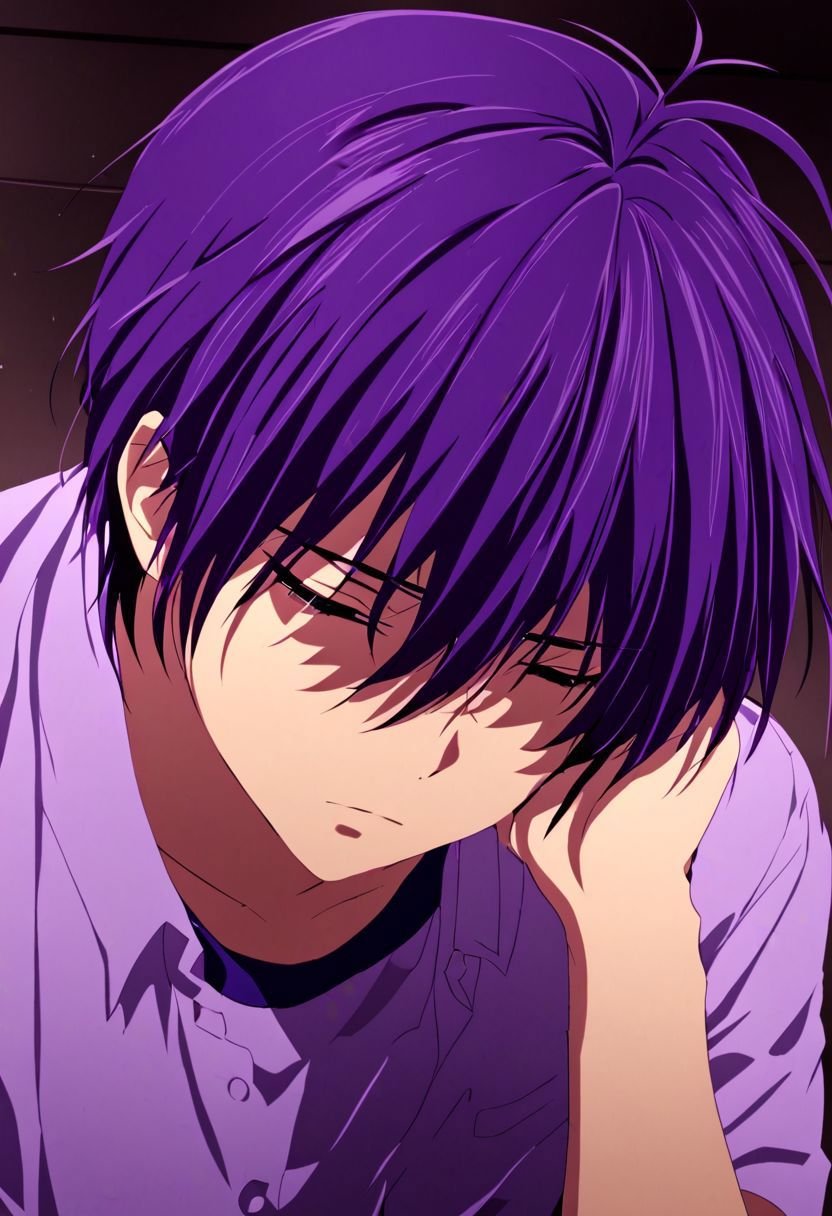 EasyNegativeV2, Tomoya Okazaki, 1boy, male, purple hair, sad, herartless