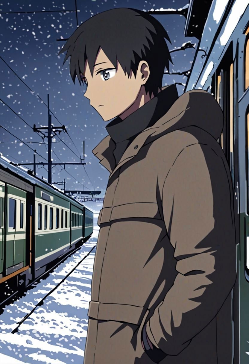 Highres, Masterpiece, High Quality, 4K, 8K, solo, 1Boy, Takaki Toono, adult, black hair, short hair, casual, snow jacket, train station, stuck train, blizzard, night, easynegative, detailed_eye_model