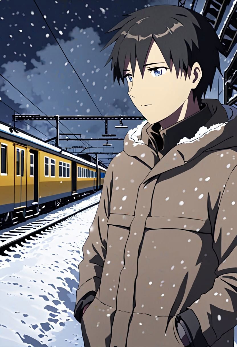 Highres, Masterpiece, High Quality, 4K, 8K, solo, 1Boy, Takaki Toono, adult, black hair, short hair, casual, snow jacket, train station, stuck train, blizzard, night, easynegative, detailed_eye_model