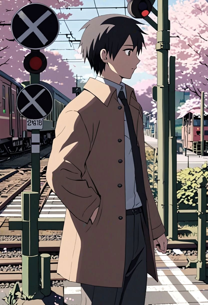 Highres, Masterpiece, High Quality, 4K, 8K, solo, 1Boy, Takaki Toono, adult, black hair, short hair, brown coat, trousers, passing train, railroad crossing, cherry blossoms, easynegative, detailed_eye_model