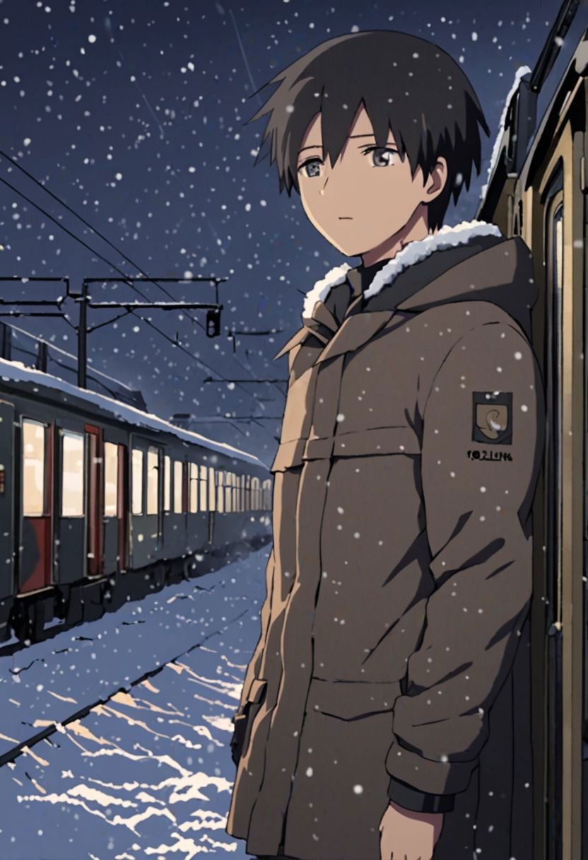 Highres, Masterpiece, High Quality, 4K, 8K, solo, 1Boy, Takaki Toono, adult, black hair, short hair, casual, snow jacket, train station, stuck train, blizzard, night, easynegative, detailed_eye_model