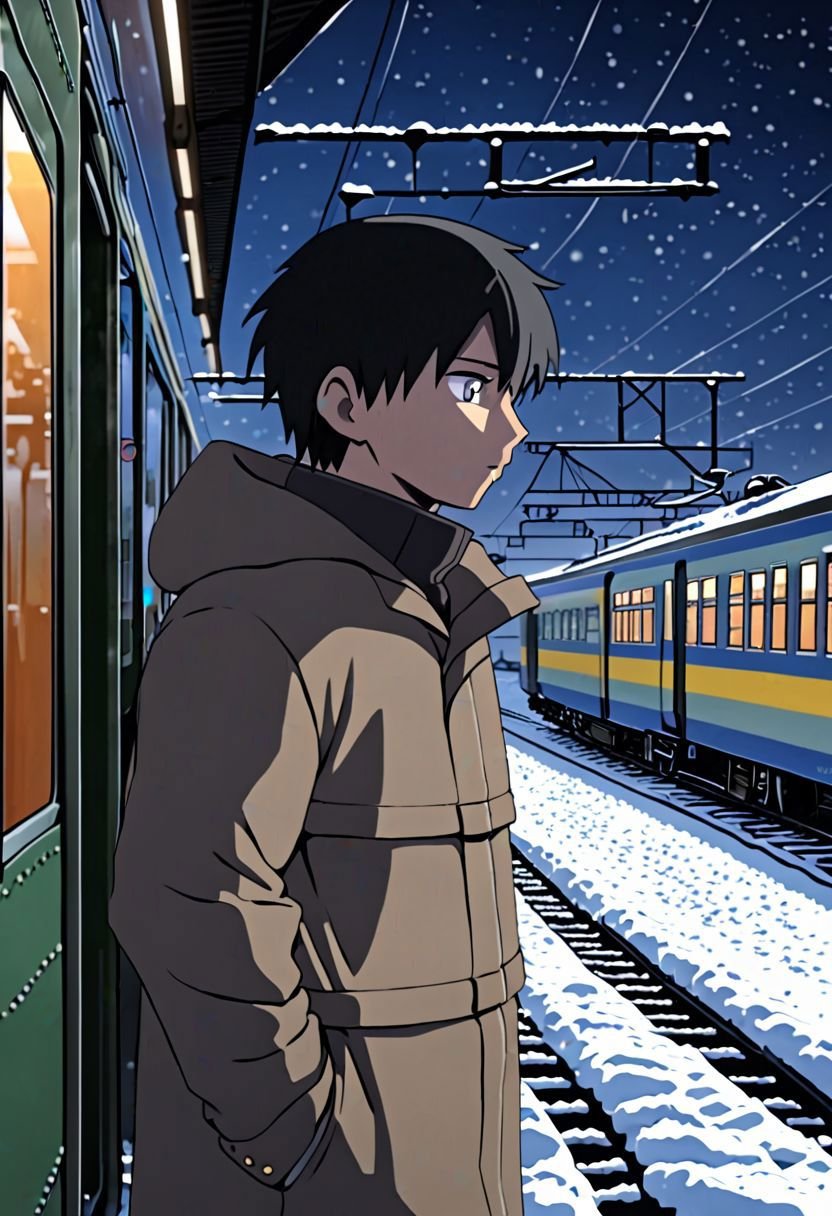 Highres, Masterpiece, High Quality, 4K, 8K, solo, 1Boy, Takaki Toono, adult, black hair, short hair, casual, snow jacket, train station, stuck train, blizzard, night, easynegative, detailed_eye_model