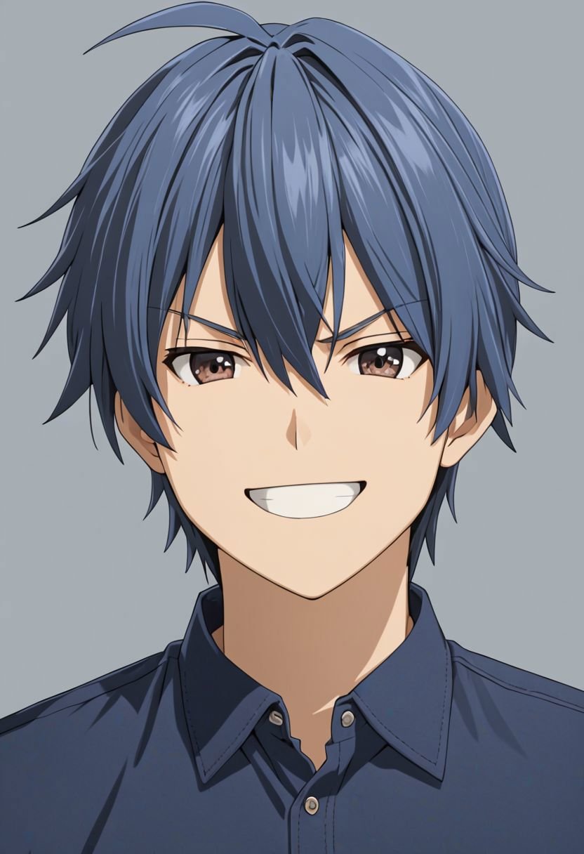 Tomoya Okazaki, masterpiece, best quality, (1boy), solo, male focus, photography, High definition, grey blue hair, 4K, shirt, dark grey background, passport_photo_style, >:), angry, smile