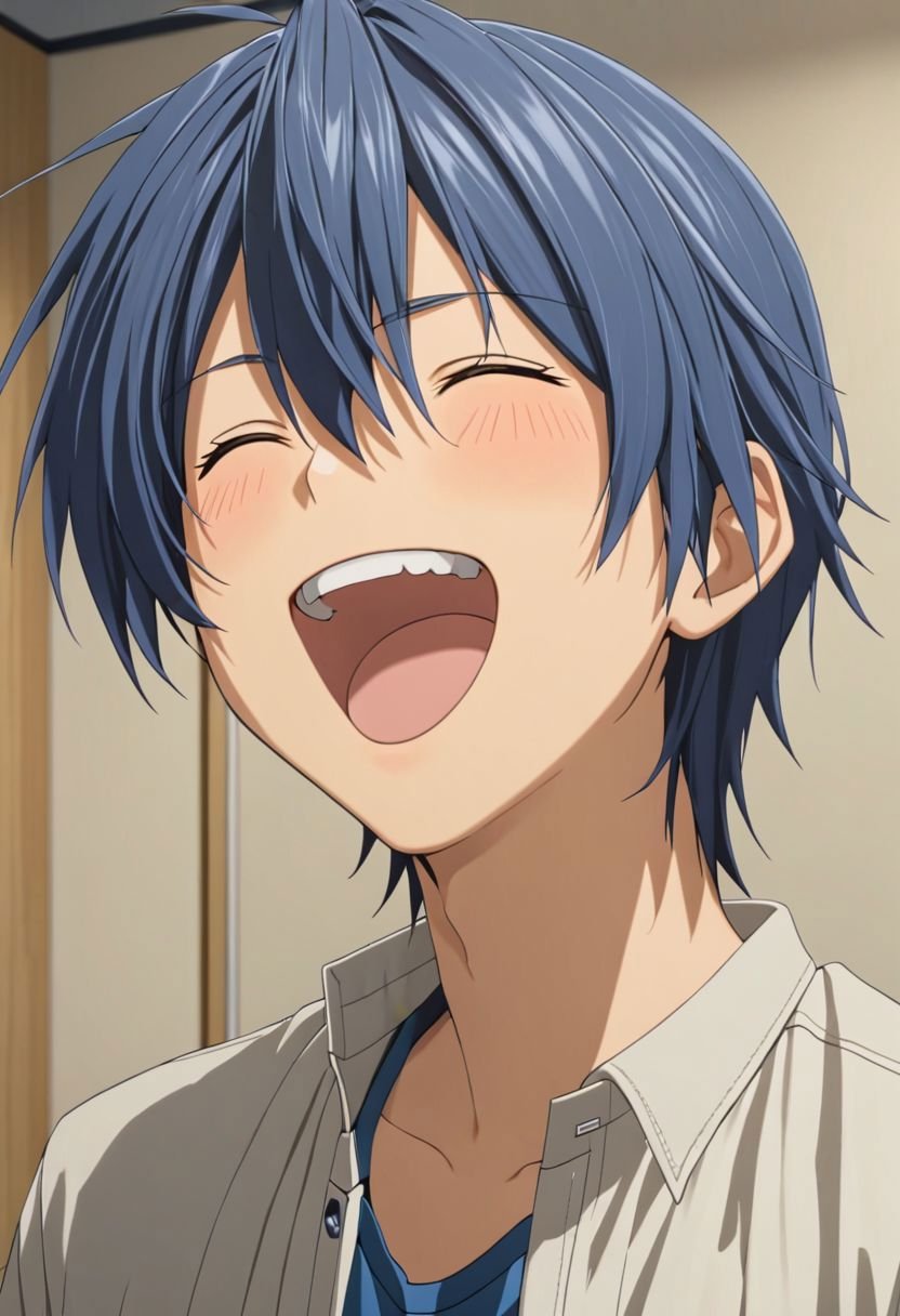 Tomoya Okazaki, masterpiece, best quality, (1boy), solo, male focus, High definition, grey blue hair, 4K, laughing