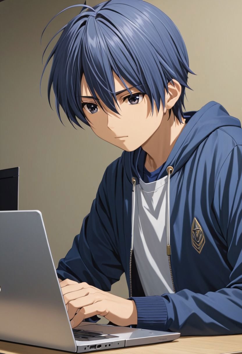 Tomoya Okazaki, masterpiece, best quality, 1boy, solo, male focus, High definition, grey blue hair, 4K, work front laptop