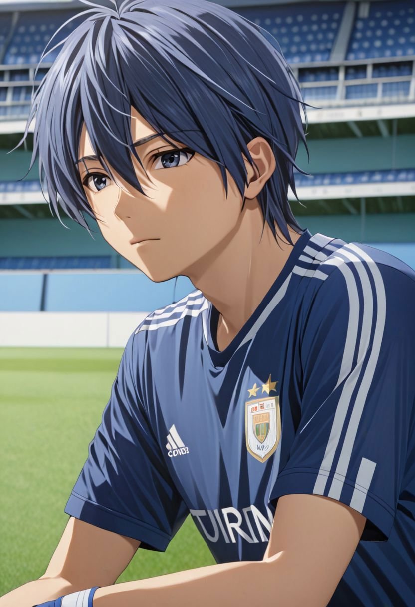 Tomoya Okazaki, masterpiece, best quality, (1boy), solo, male focus, High definition, grey blue hair, 4K, soccer player