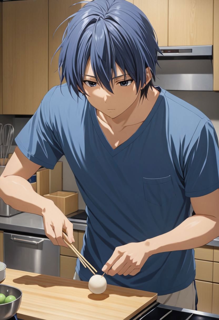 Tomoya Okazaki, masterpiece, best quality, (1boy), solo, male focus, High definition, grey blue hair, 4K, v-neck T-shirt, cooking dango