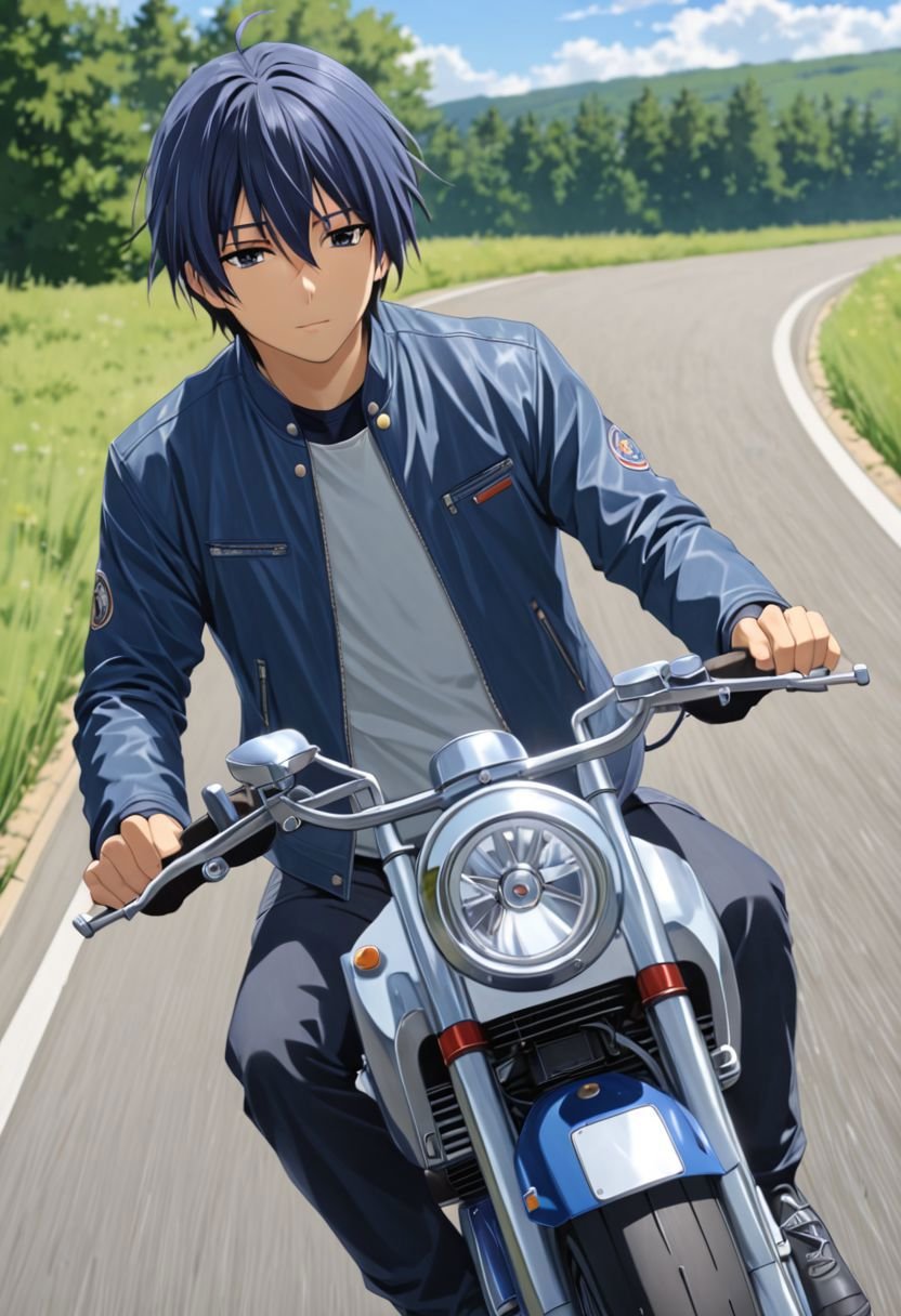 Tomoya Okazaki, masterpiece, best quality, 1boy, solo, male focus, High definition, grey blue hair, 4K, riding a motorcycle