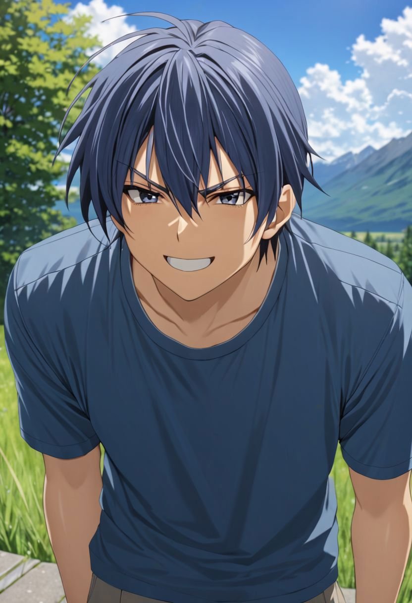 Tomoya Okazaki, masterpiece, best quality, (1boy), solo, male focus, High definition, grey blue hair, 4K, Angry, Smile, outdoors