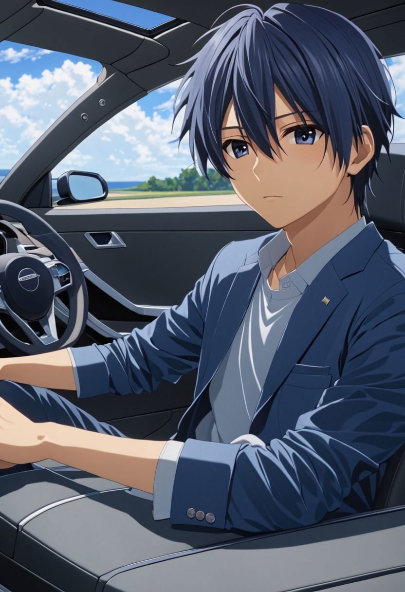 Tomoya Okazaki, masterpiece, best quality, 1boy, solo, male focus, High definition, grey blue hair, 4K, driving a car