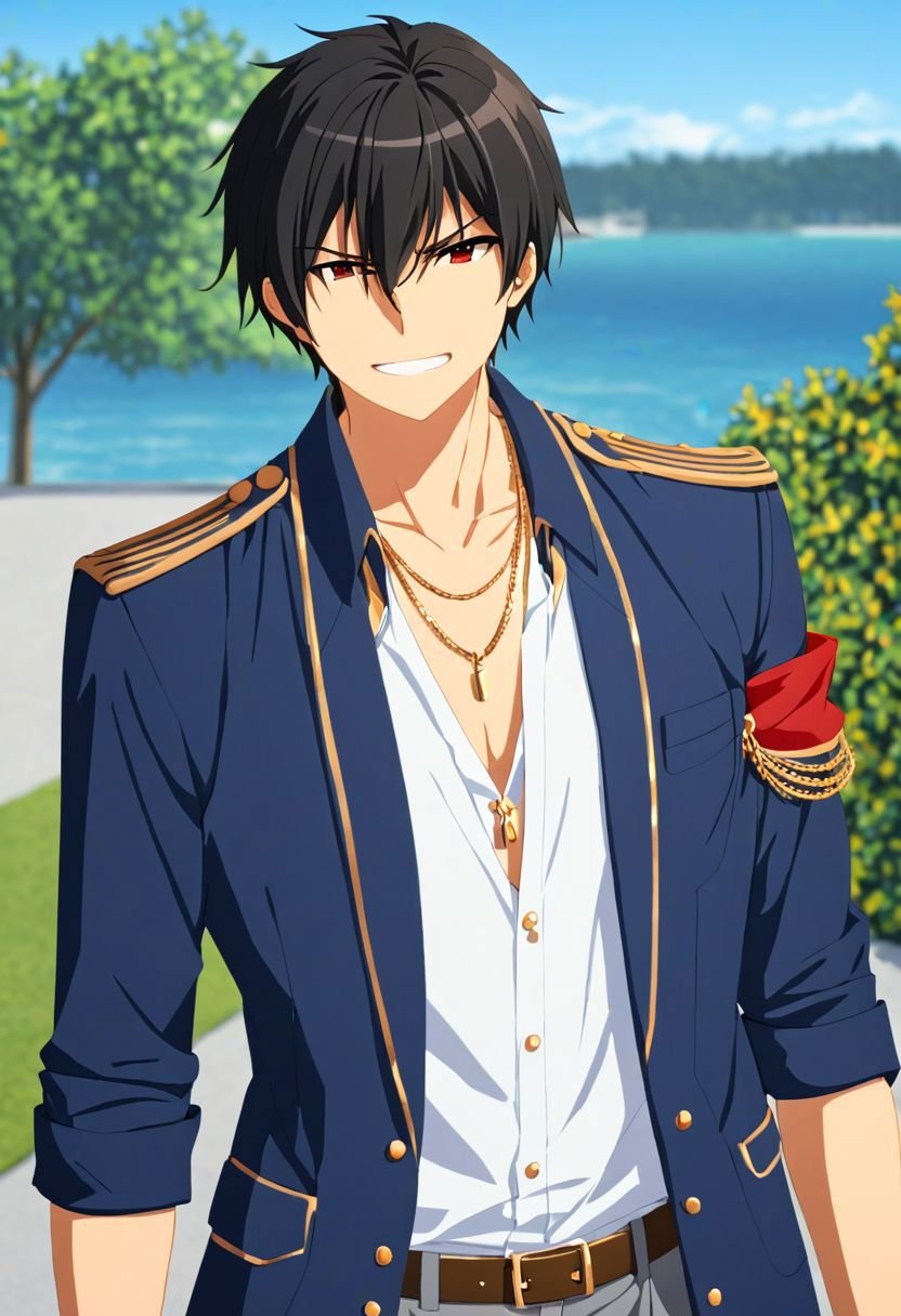 (4k), high resolution, professional photography, best quality, 1boy, solo, male focus, easynegative, outdoor, 3/4 body, casual, Negative prompt, seiya kanie, necklace, white dress shirt under a dark blue jacket with golden accents, gold aiguillettes worn on the right shoulder, a red tie, gray pants, and a red armband on it around his left arm, angry, smile, black hair