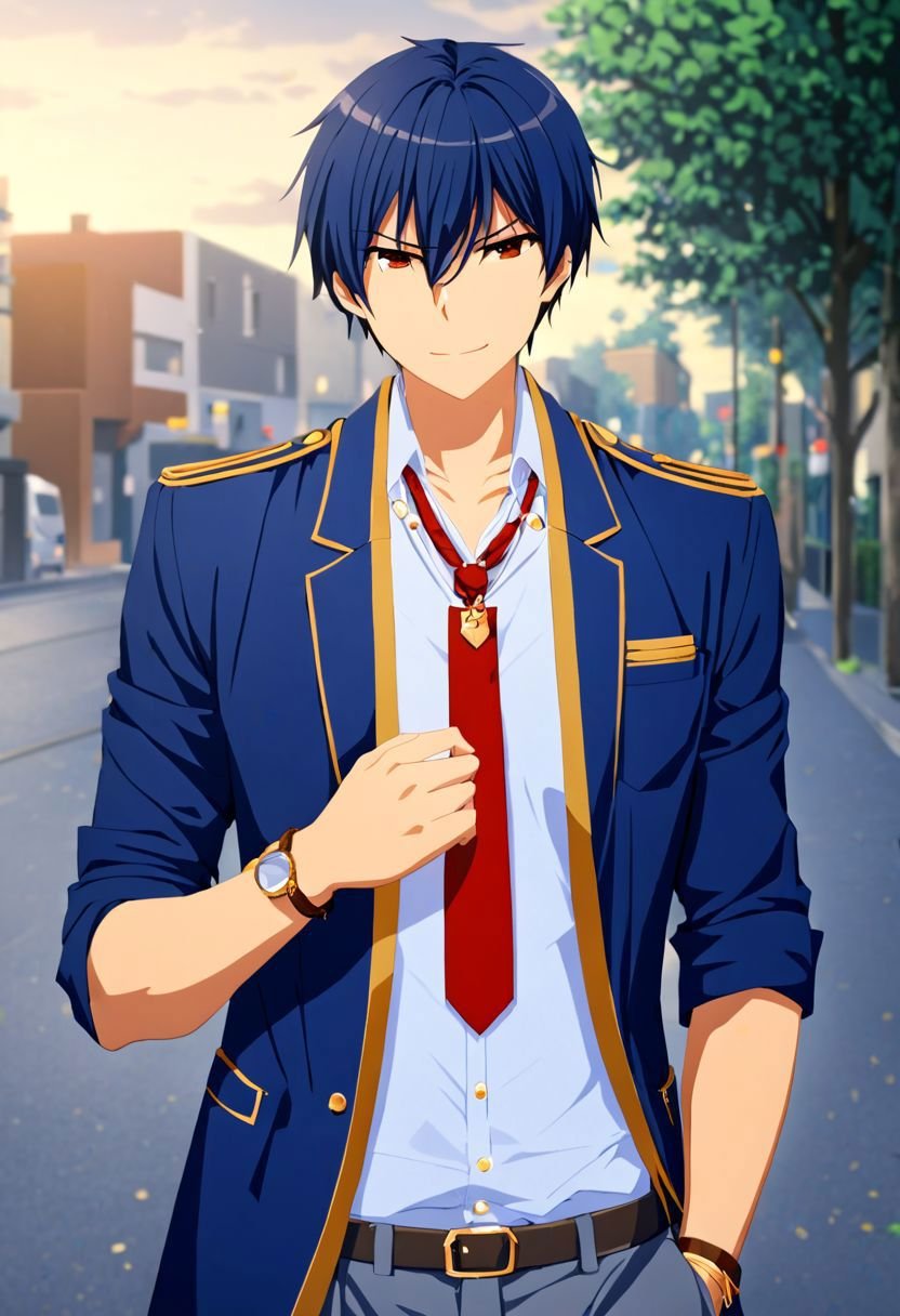 (4k), high resolution, professional photography, best quality, 1boy, solo, male focus, easynegative, outdoor, 3/4 body, casual, Negative prompt, seiya kanie, necklace, white dress shirt under a dark blue jacket with golden accents, gold aiguillettes worn on the right shoulder, a red tie, gray pants, and a red armband on it around his left arm, angry, smile