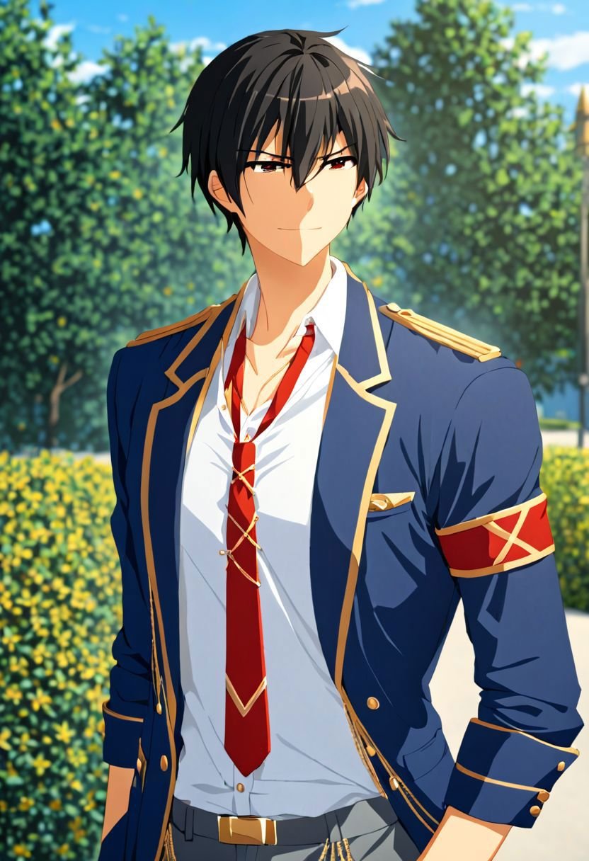 (4k), high resolution, professional photography, best quality, 1boy, solo, male focus, easynegative, outdoor, 3/4 body, casual, Negative prompt, seiya kanie, necklace, white dress shirt under a dark blue jacket with golden accents, gold aiguillettes worn on the right shoulder, a red tie, gray pants, and a red armband on it around his left arm, angry, smile, black hair