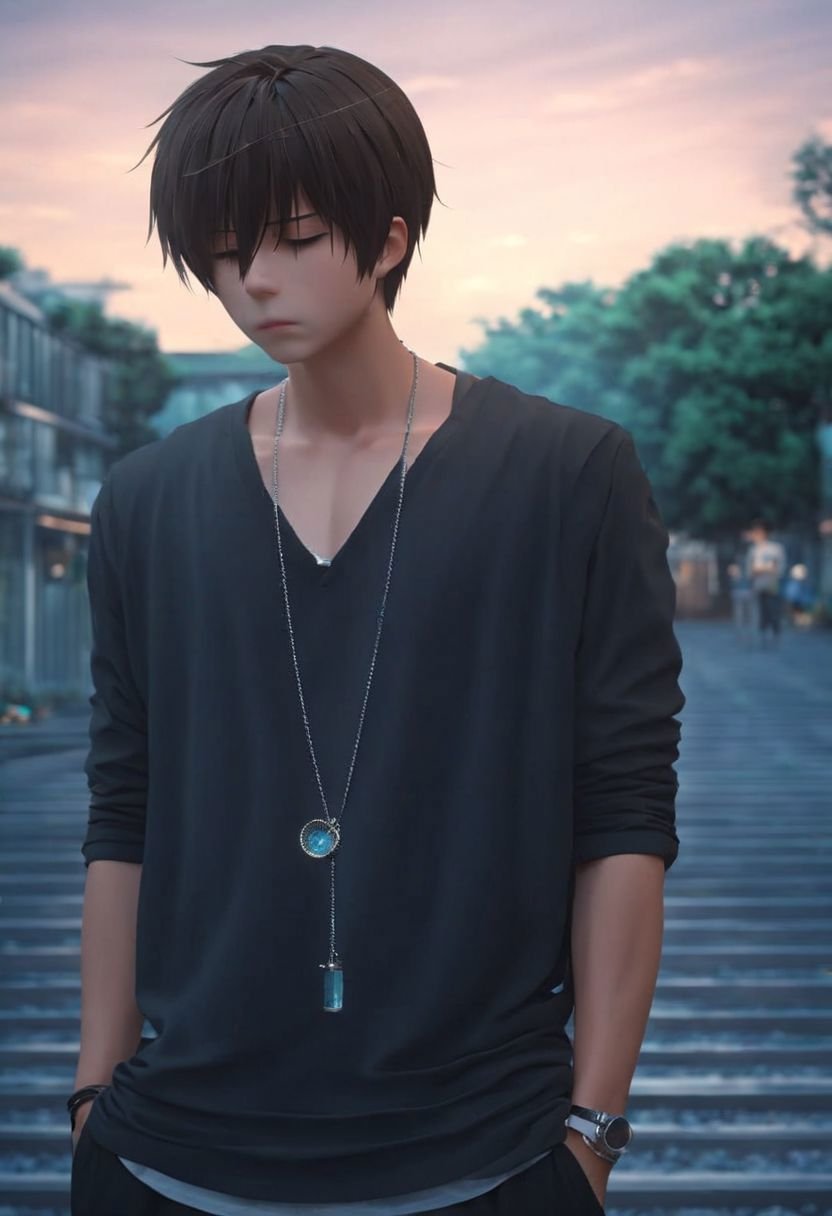 photorealistic, (4k), extremely detailed, hyper detailed, high resolution, professional photography, best quality, 1boy, solo, male focus, easynegative, outdoor, 3/4 body, casual, Negative prompt, seiya kanie, necklace, sad