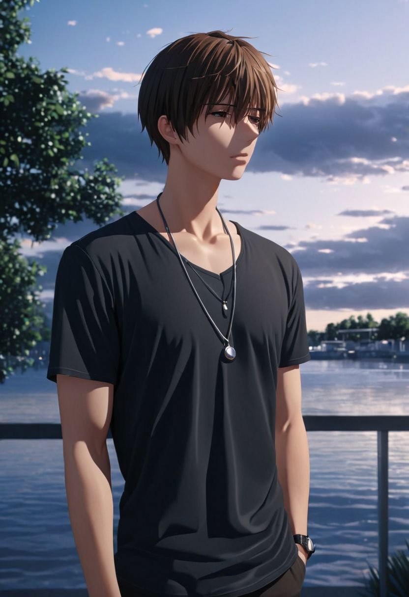 photorealistic, (4k), extremely detailed, hyper detailed, high resolution, professional photography, best quality, 1boy, solo, male focus, easynegative, outdoor, 3/4 body, casual, Negative prompt, seiya kanie, necklace, sad