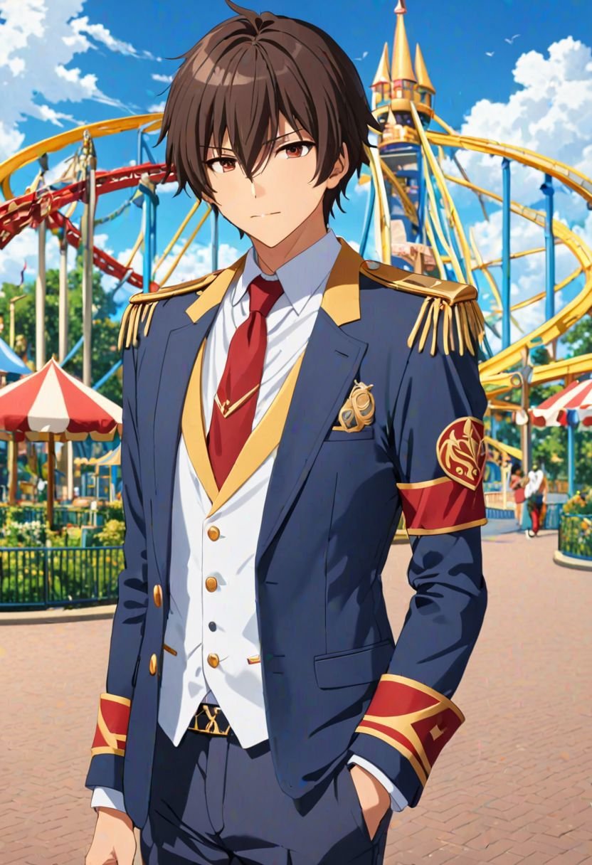 Seiya Kanie, masterpiece, best quality, (1boy), solo, male focus, High definition, Dark Brown hair, 4K, white shirt, theme park,  white dress shirt under a dark blue jacket with golden accents, gold aiguillettes worn on the right shoulder, a red tie, gray pants, and a red armband