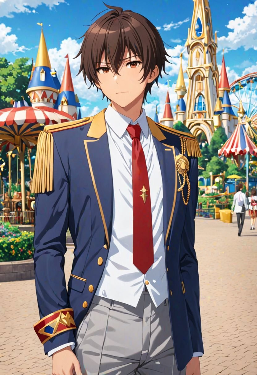 Seiya Kanie, masterpiece, best quality, (1boy), solo, male focus, High definition, Dark Brown hair, 4K, white shirt, theme park,  white dress shirt under a dark blue jacket with golden accents, gold aiguillettes worn on the right shoulder, a red tie, gray pants, and a red armband