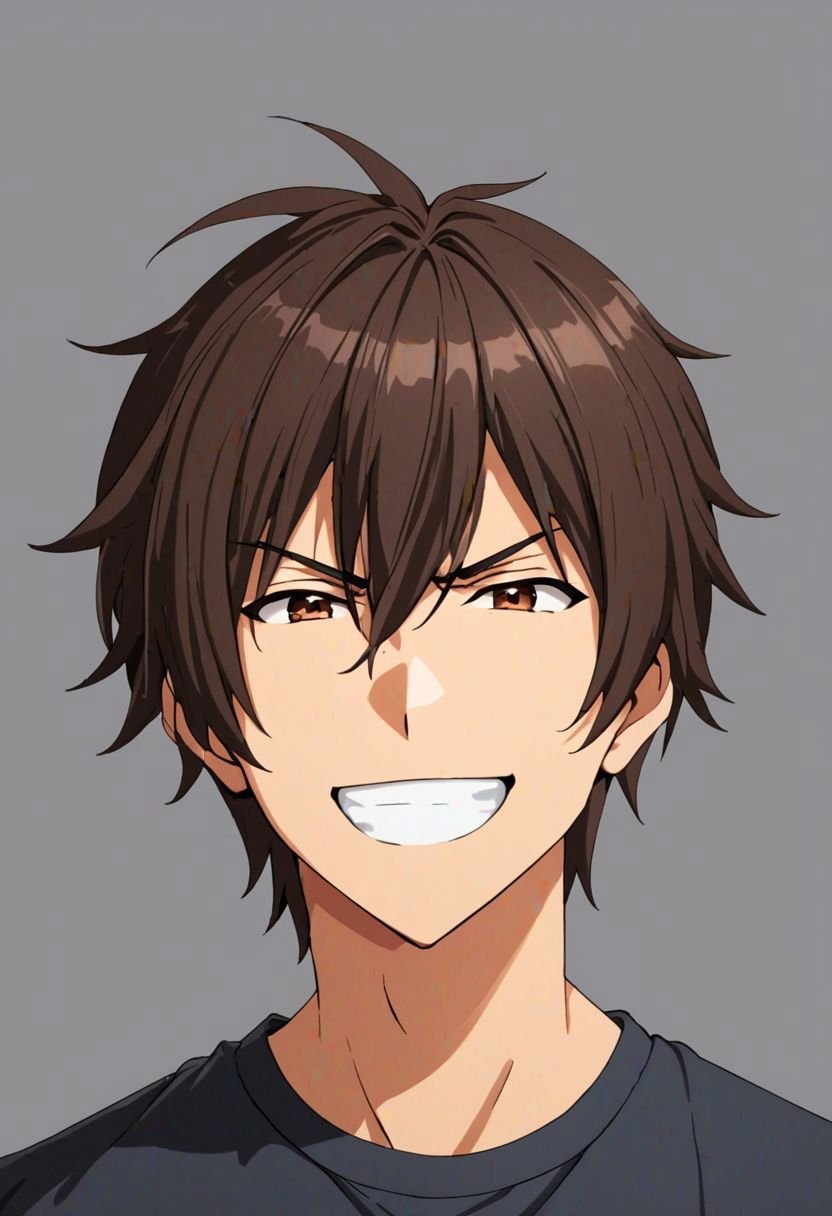 Seiya Kanie, masterpiece, best quality, (1boy), solo, male focus, photography, High definition, Dark Brown hair, 4K, shirt, dark grey background, passport_photo_style, >:), angry, smile