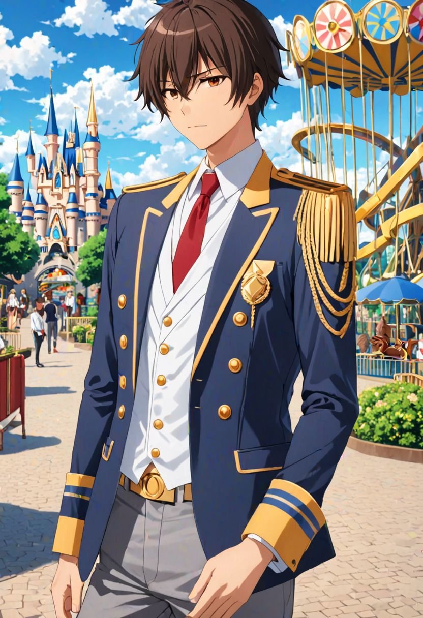 Seiya Kanie, masterpiece, best quality, (1boy), solo, male focus, High definition, Dark Brown hair, 4K, white shirt, theme park,  white dress shirt under a dark blue jacket with golden accents, gold aiguillettes worn on the right shoulder, a red tie, gray pants, and a red armband