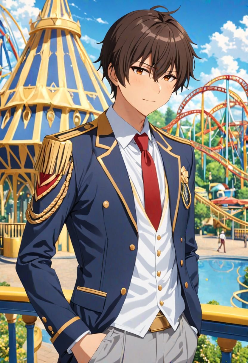 Seiya Kanie, masterpiece, best quality, (1boy), solo, male focus, High definition, Dark Brown hair, 4K, white shirt, theme park,  white dress shirt under a dark blue jacket with golden accents, gold aiguillettes worn on the right shoulder, a red tie, gray pants, and a red armband