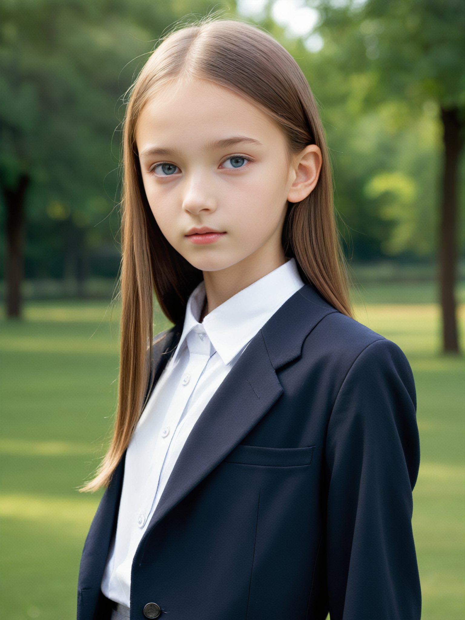 a half-body portrait photo of a Russian fashion model, (age 12-15:2), (dynamic pose:1.3), upper body, close up, gorgeous face, highly detailed face, smooth soft skin, looking at viewer, (from side:0.9), make up, (pubescent girl, short girl, slender girl, very thin:1.2), (summer school uniform:1.1), (outdoors, in deserted park, in the morning, dark background:1.4)