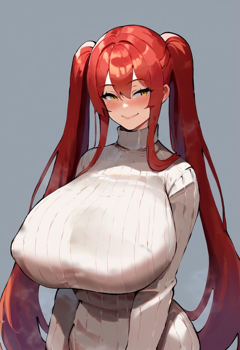 score_7_up, source_anime BREAK <lora:thiccwithaq-artist-richy-v1_pdxl:1> 1girl, solo, red hair, twintails, very long hair, yellow eyes, covered nipples, looking at viewer, blush, simple background, grey background, turtleneck sweater, white sweater, ribbed sweater, huge breasts, smile, sweater dress